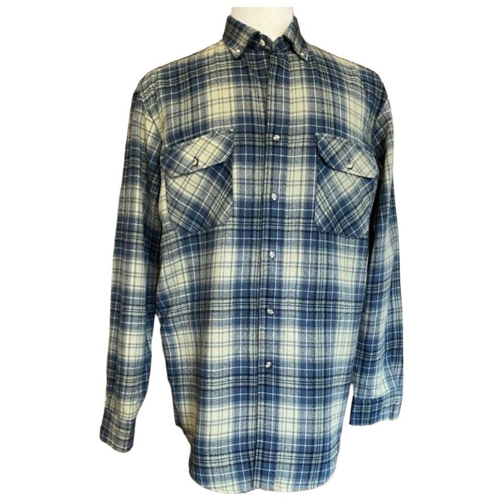 Vintage Flannel Shirt Outdoor Exchange Blue Cream Plaid Size Medium Tall Size MT